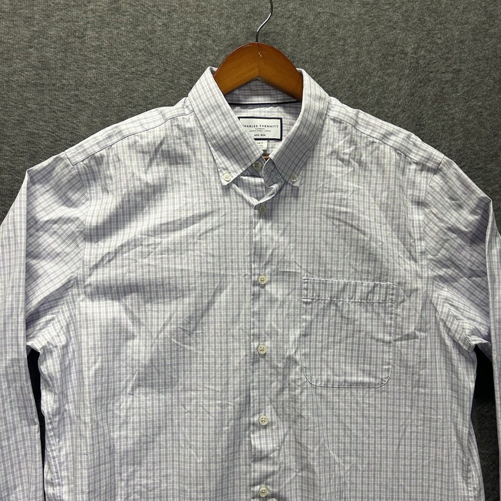 Charles Tyrwhitt Men's White Purple Check Slim Fit L/S Shirt Size 17/35